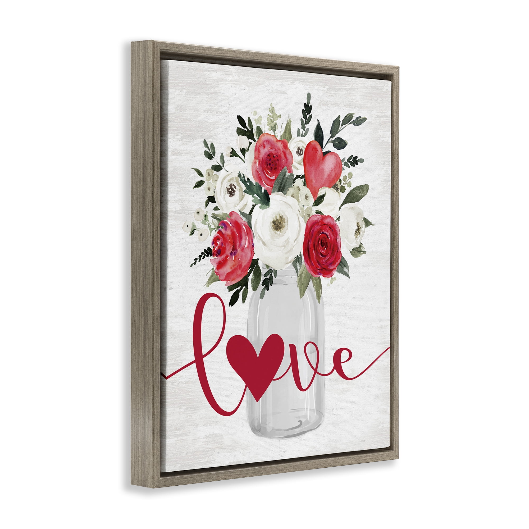 Stupell Industries Red Love Bouquet Botanical & Floral Painting Brown Floater Framed Canvas Art Print Wall Art, 17 x 21
