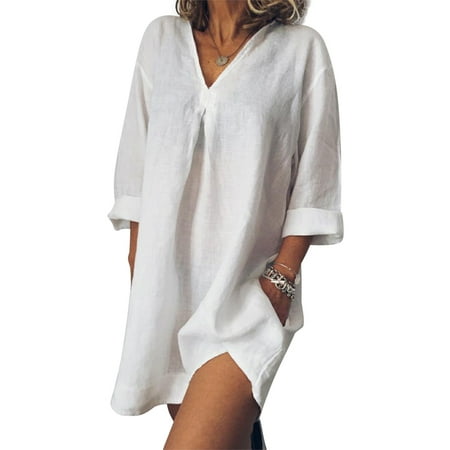 Plus Size Cotton Dresses - Women's Linen Solid Loose Summer Large Size Dress Plus Size V Neck Cotton Casual Clothing with Pockets