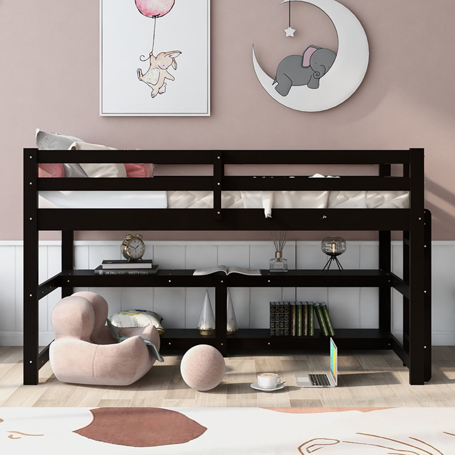 Twin Size Loft Bed with Spacious Storage Shelves, Solid Wood and Sturdy Low Loft Bed Frame with
