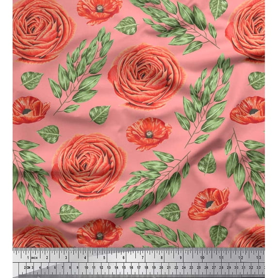 Soimoi Orange Rayon Fabric Laurel Leaves & Camellias Floral Print Fabric by Yard 42 Inch Wide