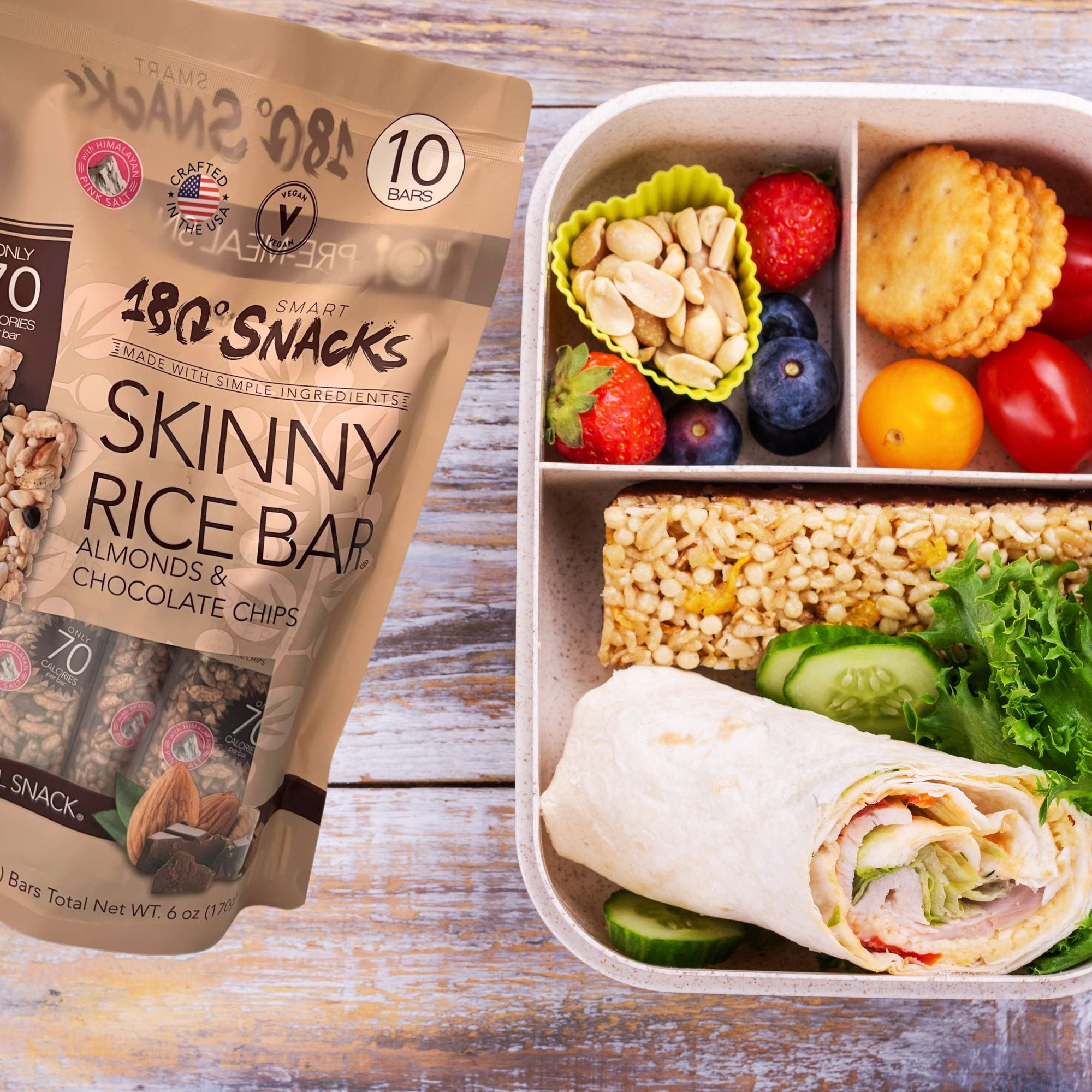 180 Snacks Skinny Rice Bars with Almonds & Chocolate Chips 6 Oz 1 Pack, Low Calorie Vegan Gluten-Free Healthy Snacks Bars