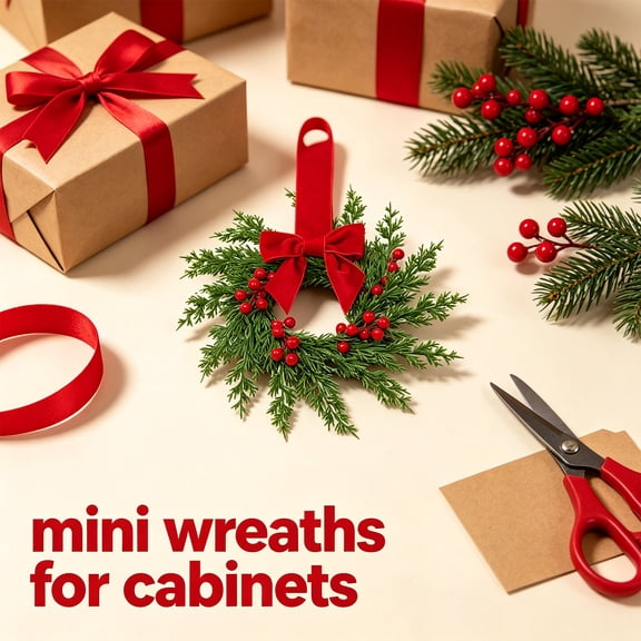 1 Pcs Mini Christmas Wreaths for Kitchen Cabinet | 10 Inch Small Wreath, Candle Ring Design, Red Ribbon Simple Style, ideal for Windows, Weddings Table Centerpieces