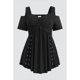 thumbnail image 1 of Camiseta de talla grande con hombros descubiertos para mujer, Top informal negro con hombros descubiertos, plisado, arandela de ojales de Metal, manga corta, línea A, Verano, 1 of 5
