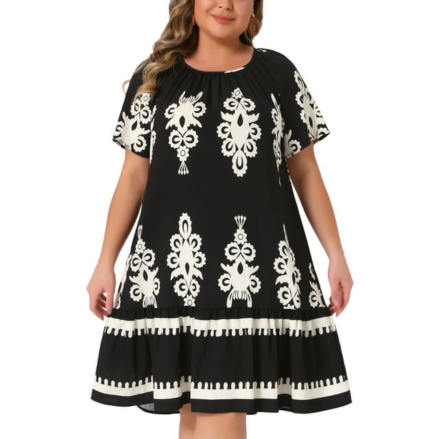 Vestido de verano casual midi de mujer plus size bohemio Agnes Orinda, con cuello redondo, mangas cortas, plisado y en color negro 1X