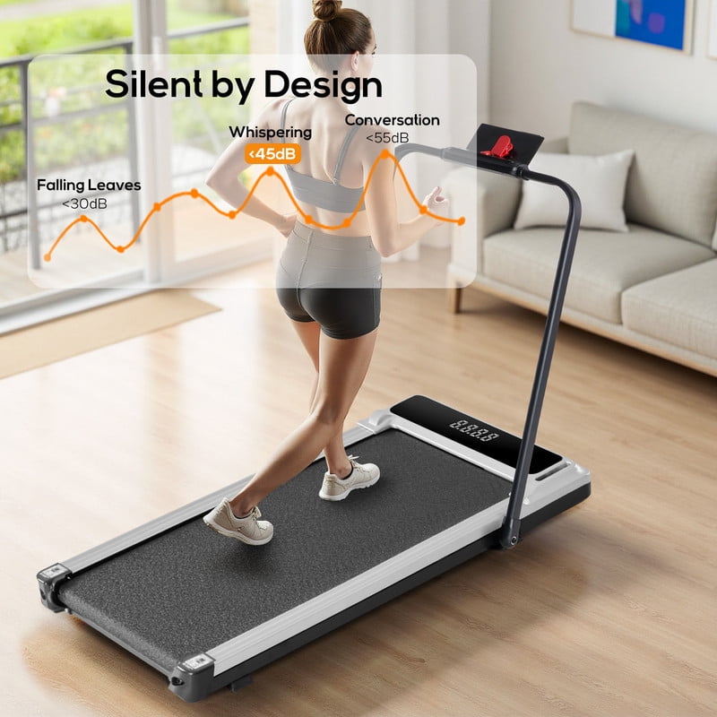 Compact Treadmill with handle, Quiet Under-Desk Walking Pad, Slim & Portable Design for Home Office Workouts, Easy to Store, Ideal for Apartments and Work-from-Home Fitness, Silver