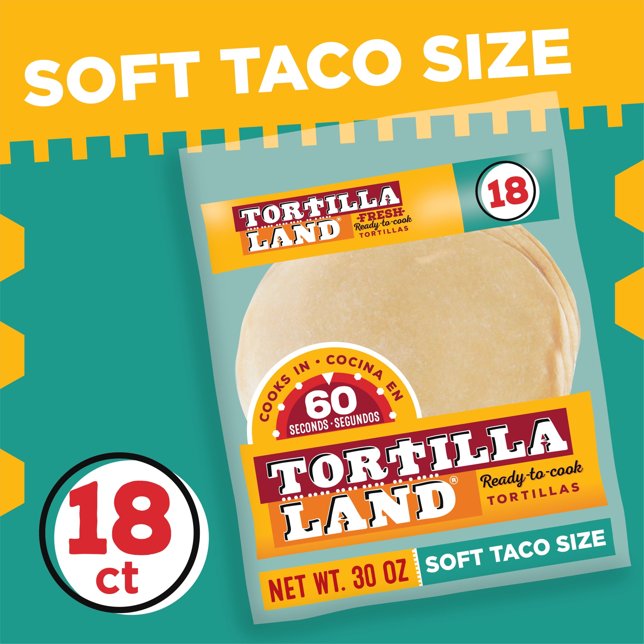 Tortilla Land Ready to Cook Soft Taco Size Flour Tortillas, 30 oz, 18 Count