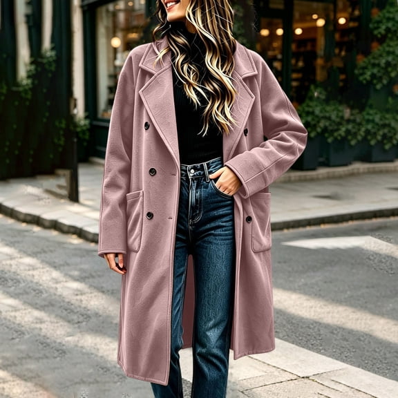 IUYRTFE Women's Long Overcoat Lapel Collar Button Down Knee Length Coat with Pockets Lined