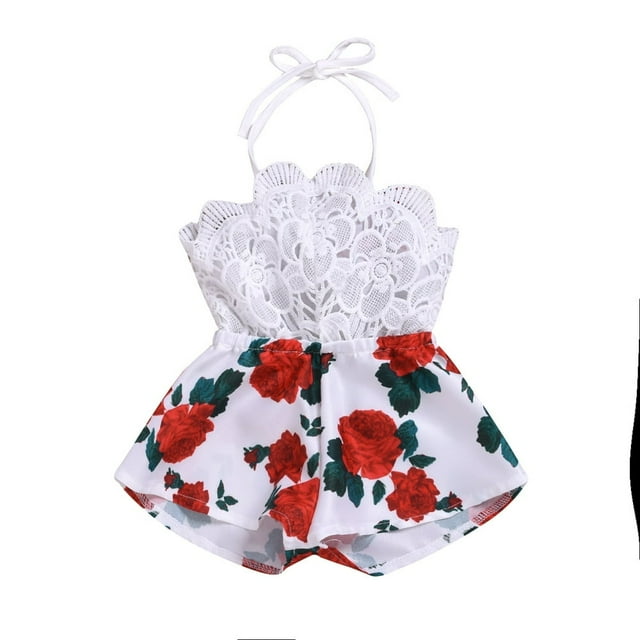 Combinaisons une Pièce pour Bébé, Hauts en Dentelle Sans Manches, Shorts Amples Imprimés à Jambes Larges, Barboteuses Décontractées