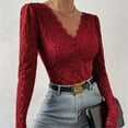 thumbnail image 6 of Wyongtao Shapewear Bodysuit Tummy Control Slim Body Shaper Deep V Neck Lace Long Sleeve Thong Body Suits for Women,Wine S, 6 of 8