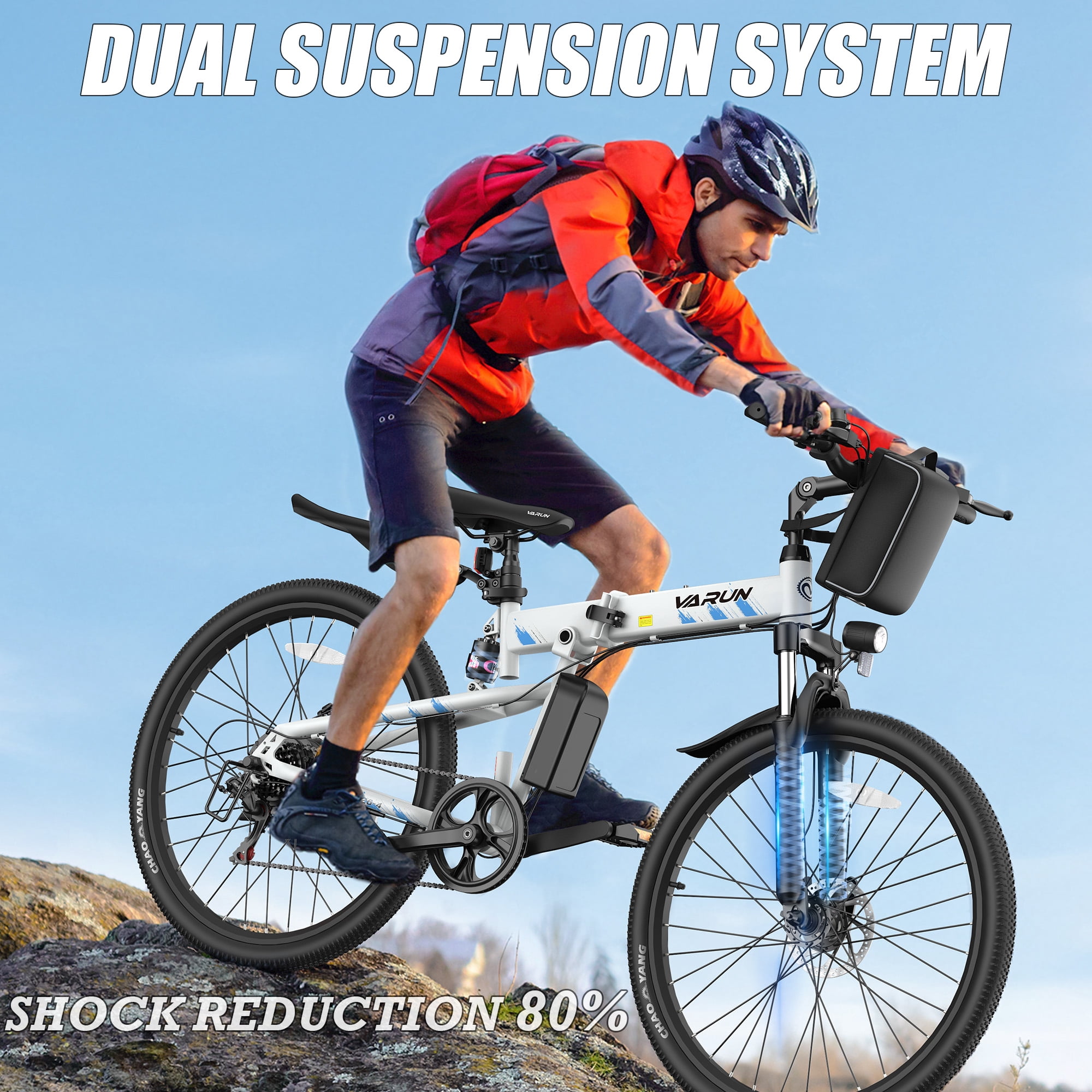 VARUN Electric Bike, 26" Foldable E-Bike, 750W Peak Motor, 48V Removable Battery (50-Mile), up to 20+ MPH, 7-Speed Gears, Full Suspension, E-Mountain Bike for Men & Women