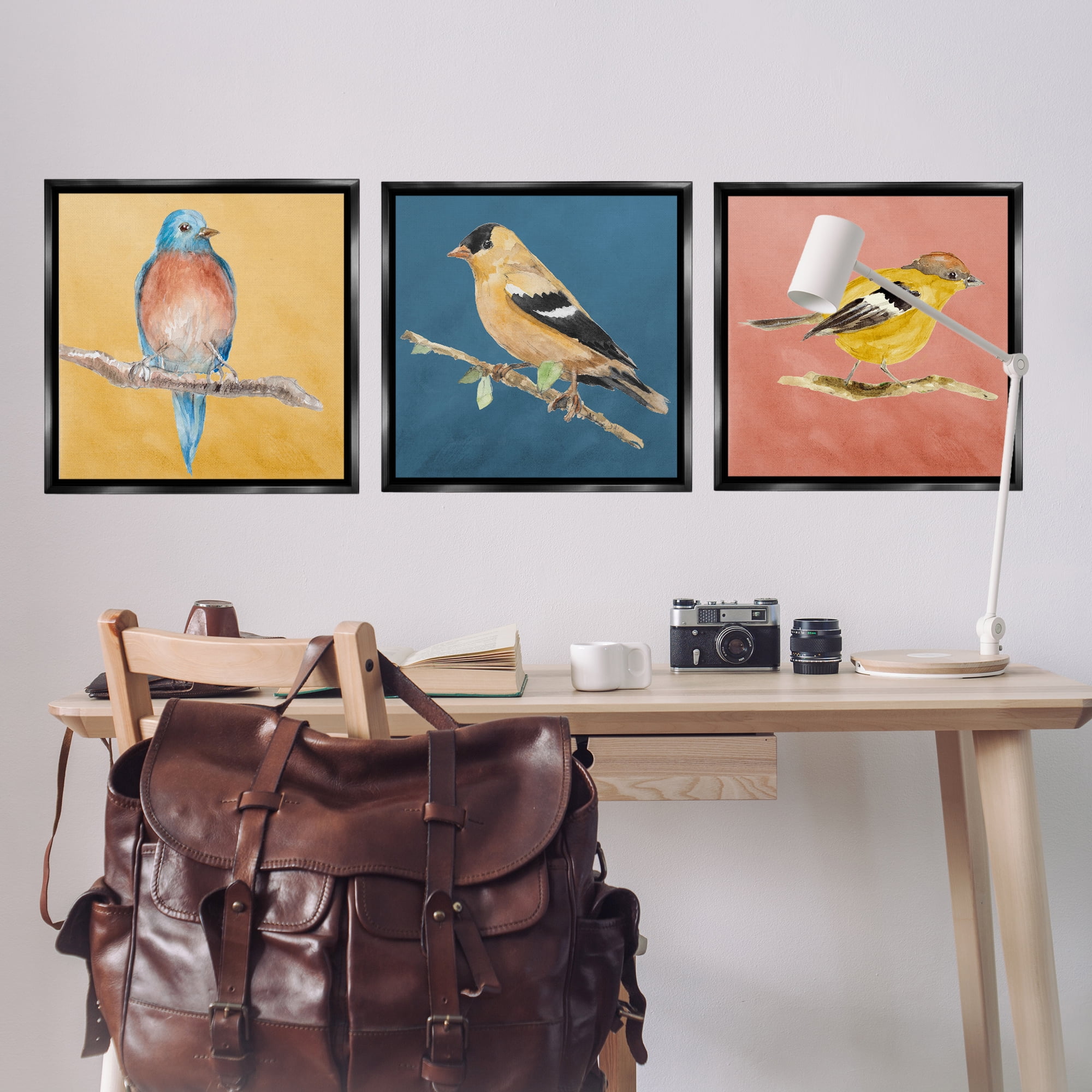 Stupell Industries Brilliant Birds on Branches Animals Painting Black Floater Framed Canvas Art Print Wall Art, 25 x 25, Set of 3