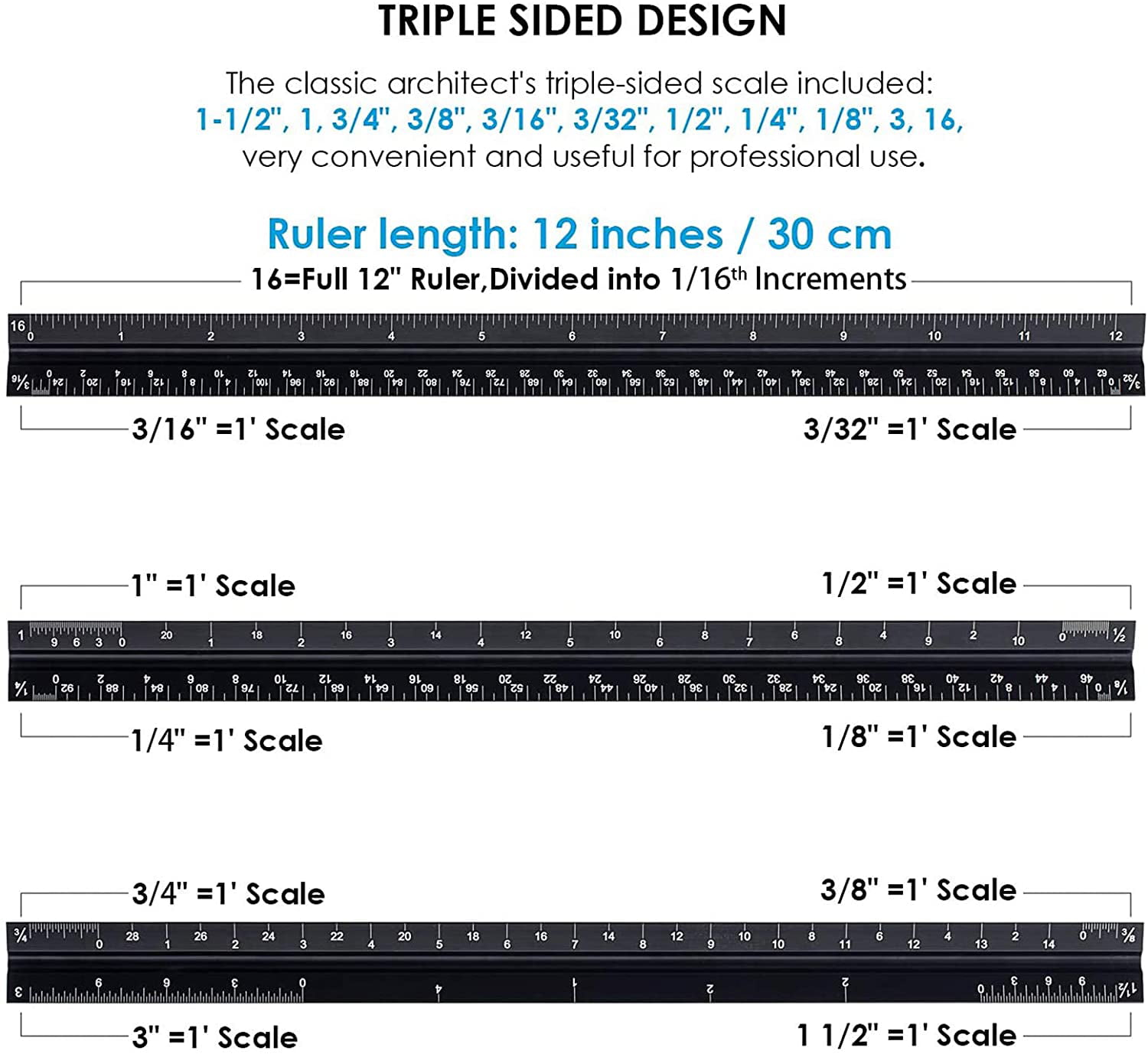 WEN ME333R 12 in. Aluminum Triangular Architect Ruler with Laser-Etched Imperial Drafting Scales
