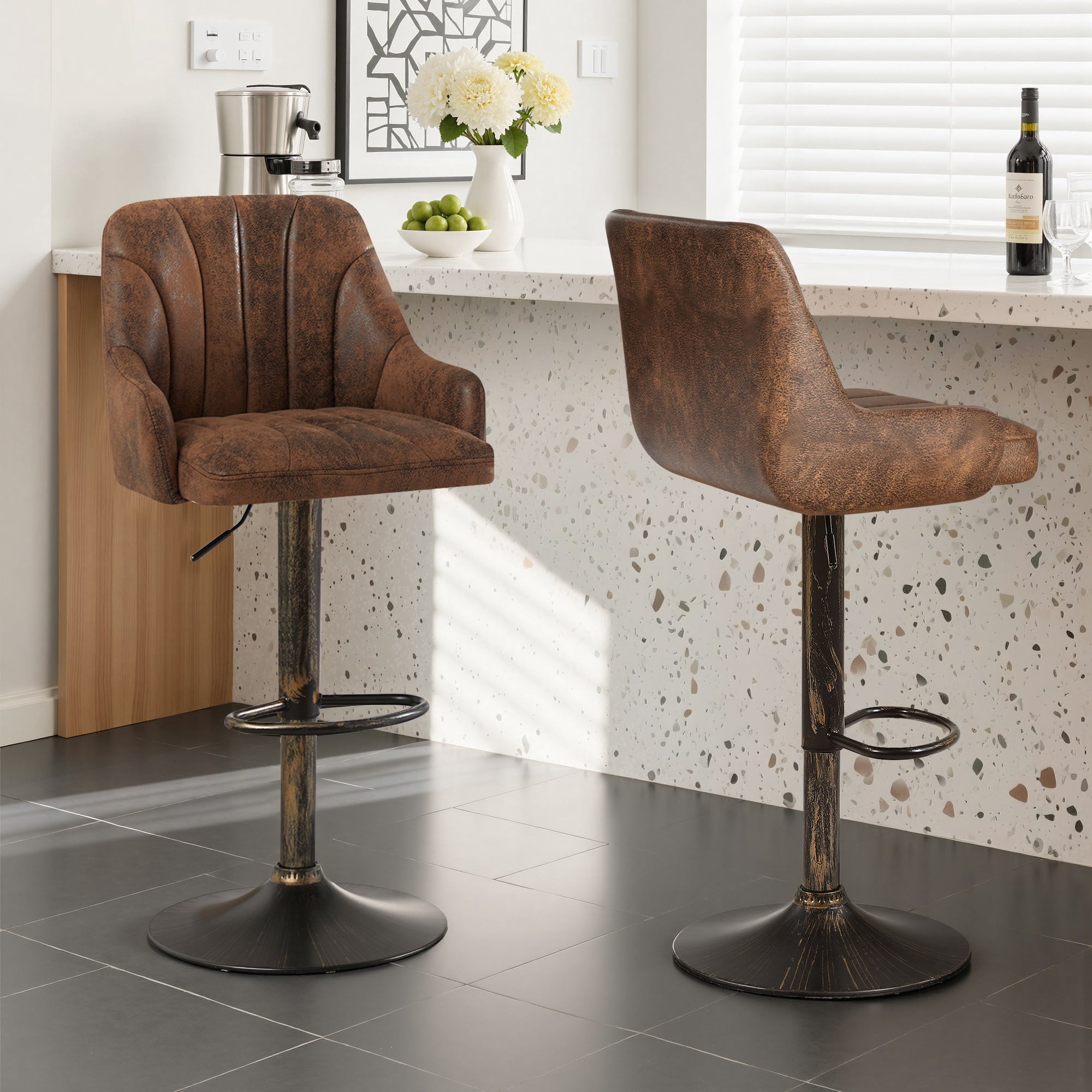 VECELO Set of 2 Swivel Bar Stools, Adjustable Counter Height Barstools Faux Leather Chair with Backrest and Armrest, Dark Brown