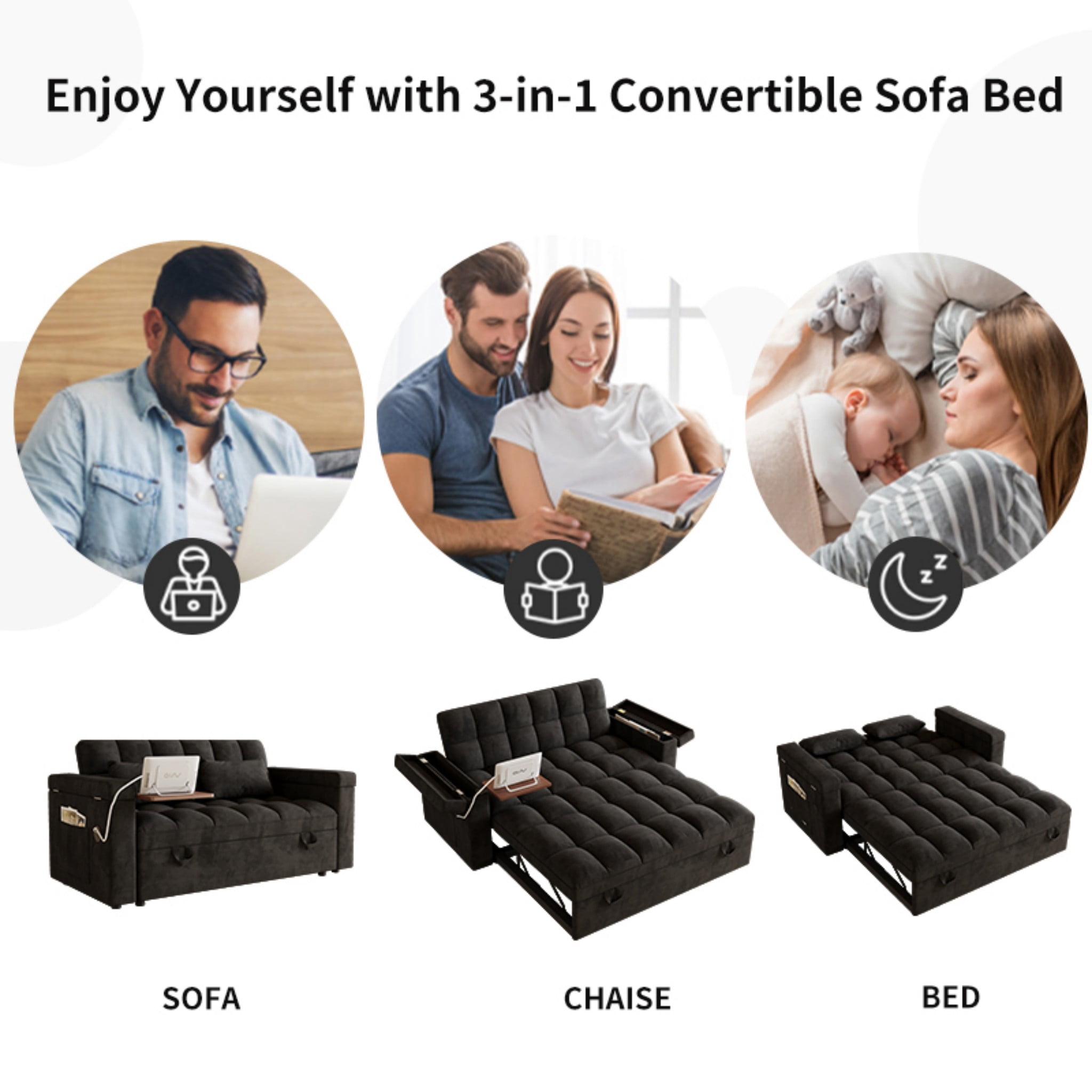BSHTI 65" 3-in-1 Velvet Foldable Sofa Bed with USB Port & Table Board – 5-Position Adjustable Backrest, Storage Armrests, Large Convertible Sleeper Couch for Living Room, Apartment, Office,Black