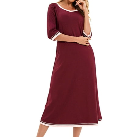 

HUBERY Women V Neck 3/4 Sleeve Colorblock Pocket Sleep Dress