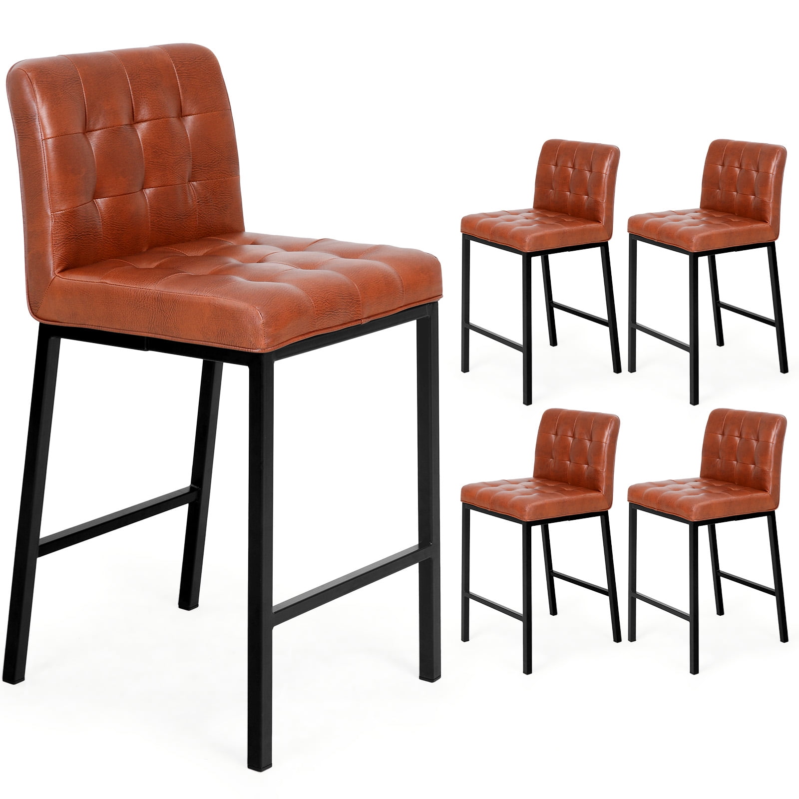 LEZIOA 25'' PU Leather Bar Stools Set of 4 with Full Back, Footrest, Modern Upholstered Button