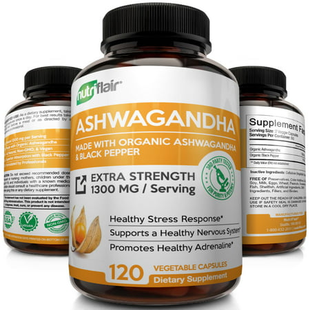 NutriFlair Organic Ashwagandha Root Powder with Black Pepper Extract 1300mg - Stress Relief, Anxiety & Mood Support, 120