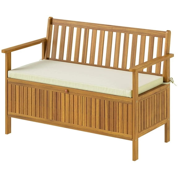 Resenkos Acacia Wood Bench with Storage, 2-Seater Cushioned Patio Bench, Outdoor Garden Seat, Sturdy Storage Bench,Teak