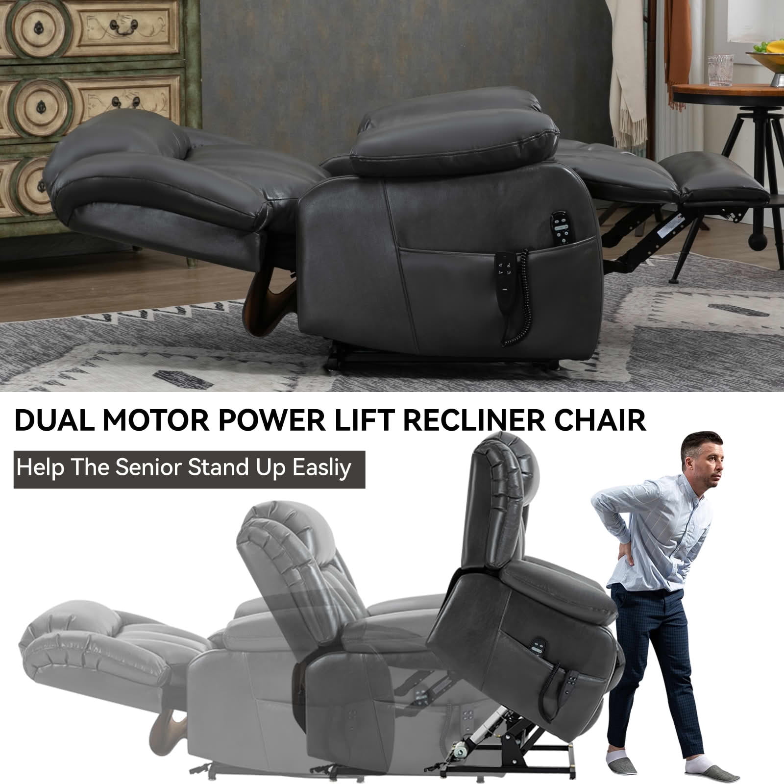 MAYEERTY Grey Dual Motor Power Lift Recliner, 350lbs 8-Point Massage Heat 180° 36"x40"x43" for Elderly