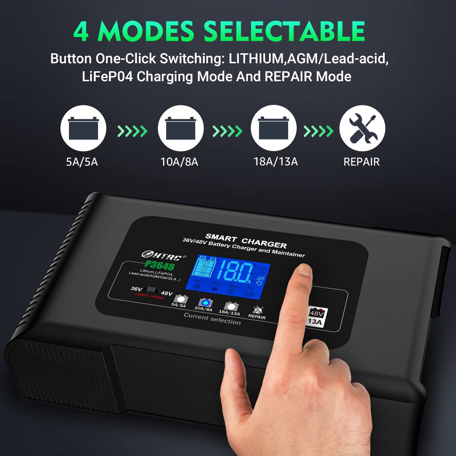 Car Battery Charger 18 Amp Automatic Smart Charger, 36V/18A 48V/13A, for Lead Acid (AGM/Gel/SLA)/LiFePO4 Trickle Charger, Pulse Repair Car Battery Charger, Deep Cycle Battery Charger