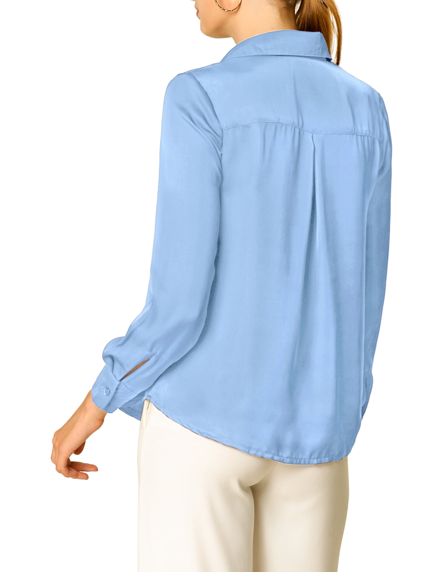 DARING DIVA Women's V Neck Classic Work Office Long Sleeve Shirt L Light Blue