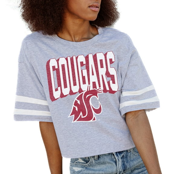 Women's Gameday Couture Gray Washington State Cougars No Shortcuts Drop Shoulder Sleeve Stripe Cropped T-Shirt