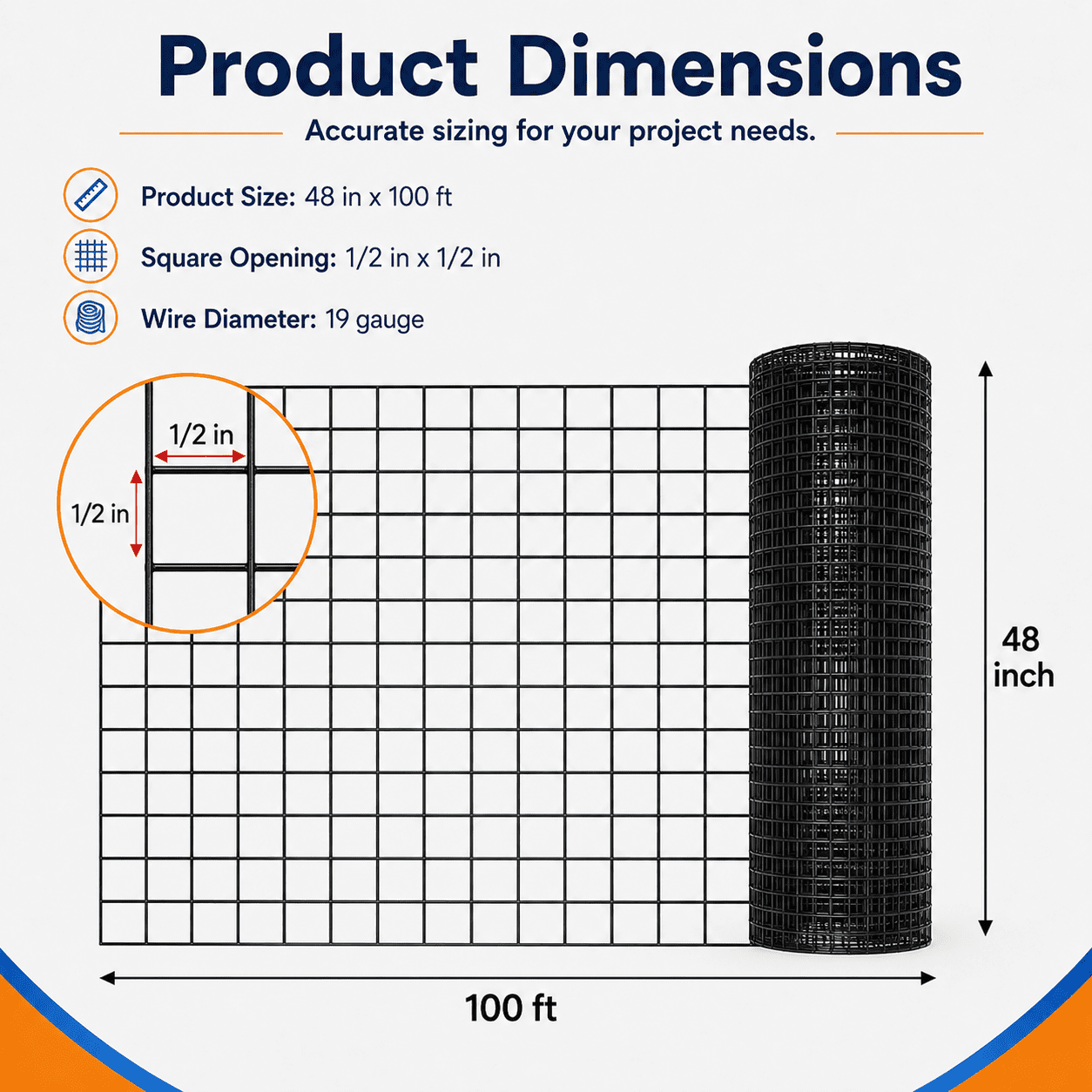 48 in. x 100 ft. Hardware Cloth, 1/2 in. Mesh, Heavy Duty 19 Gauge Black Vinyl-Coated Galvanized Steel Chicken Wire Fence Roll, Welded Wire Mesh for Chicken Coops, Rabbit Cages, Garden Fence and Tree