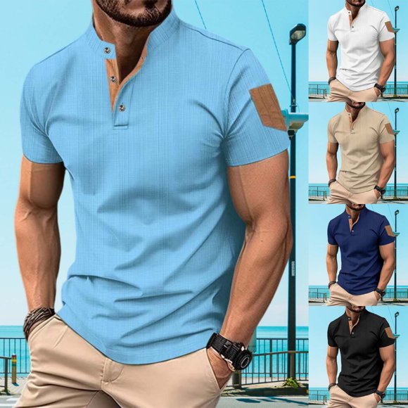 HVOBTTY Men's Summer T Shirt Casual Shirt Solid Color Linen Like Short Sleeve Collared Breathable Daily Wear Top with Pocket Navy, XXL