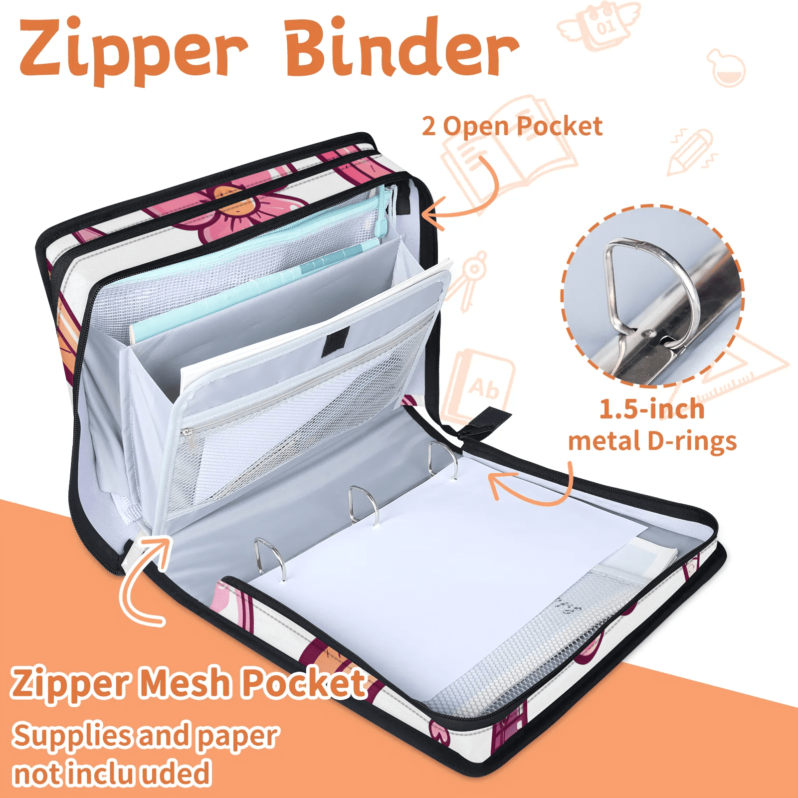 Multi Pocket Zipper Binder, 3 Ring A4 Folder with Handle and Shoulder Strap, Large Capacity Portable Document Organizer Bag for Papers, Tablet, Essentials, 13.78 Inch