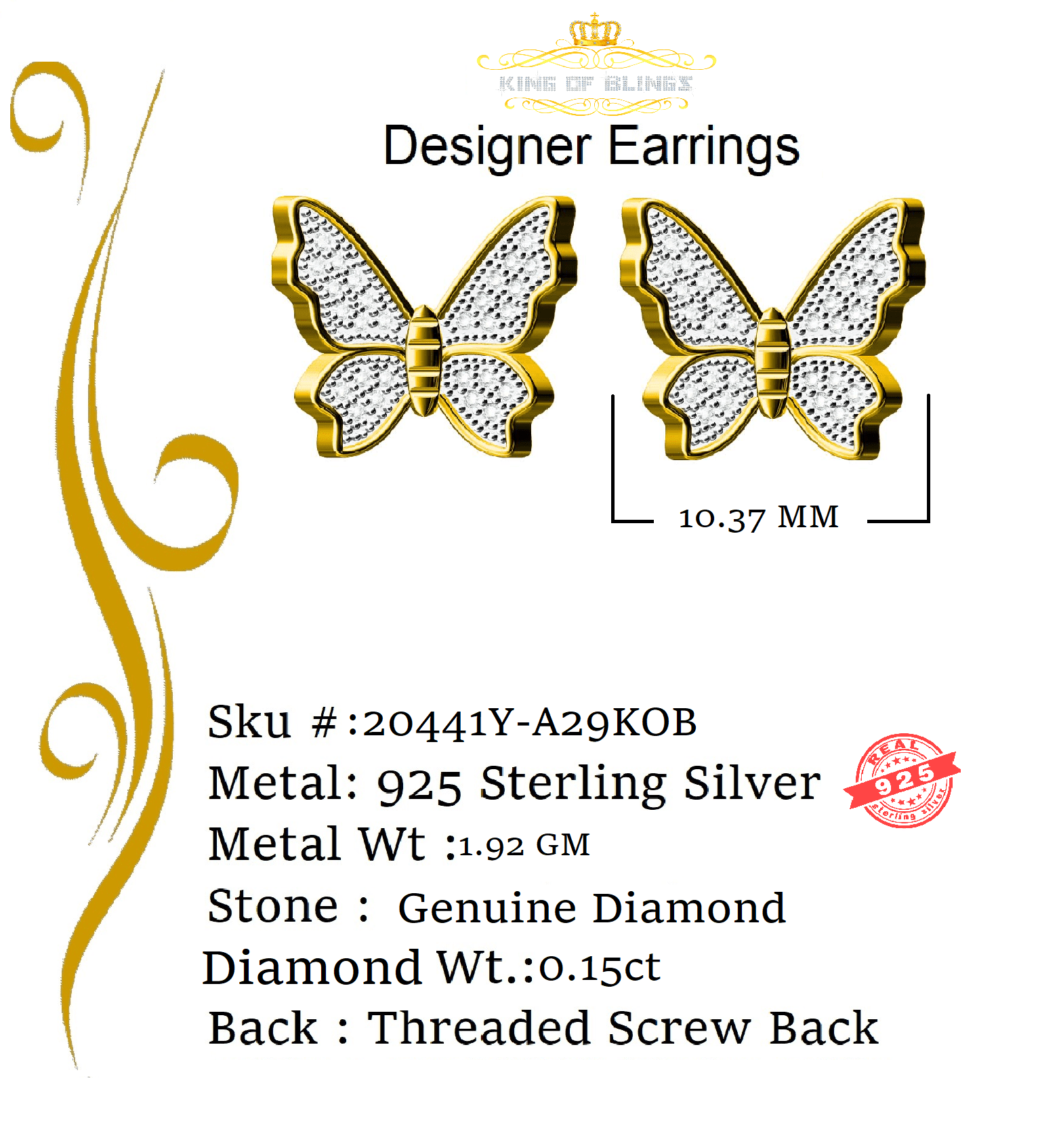 King of Bling's Women's 0.15ct Real Diamond Butterfly Stud Earrings Yellow 925 Sterling Silver
