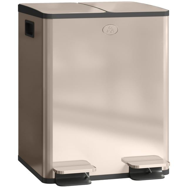 HOMCOM Poubelle Double, 2 x 20 Litres Poubelle avec Couvercle à Fermeture Douce, Or