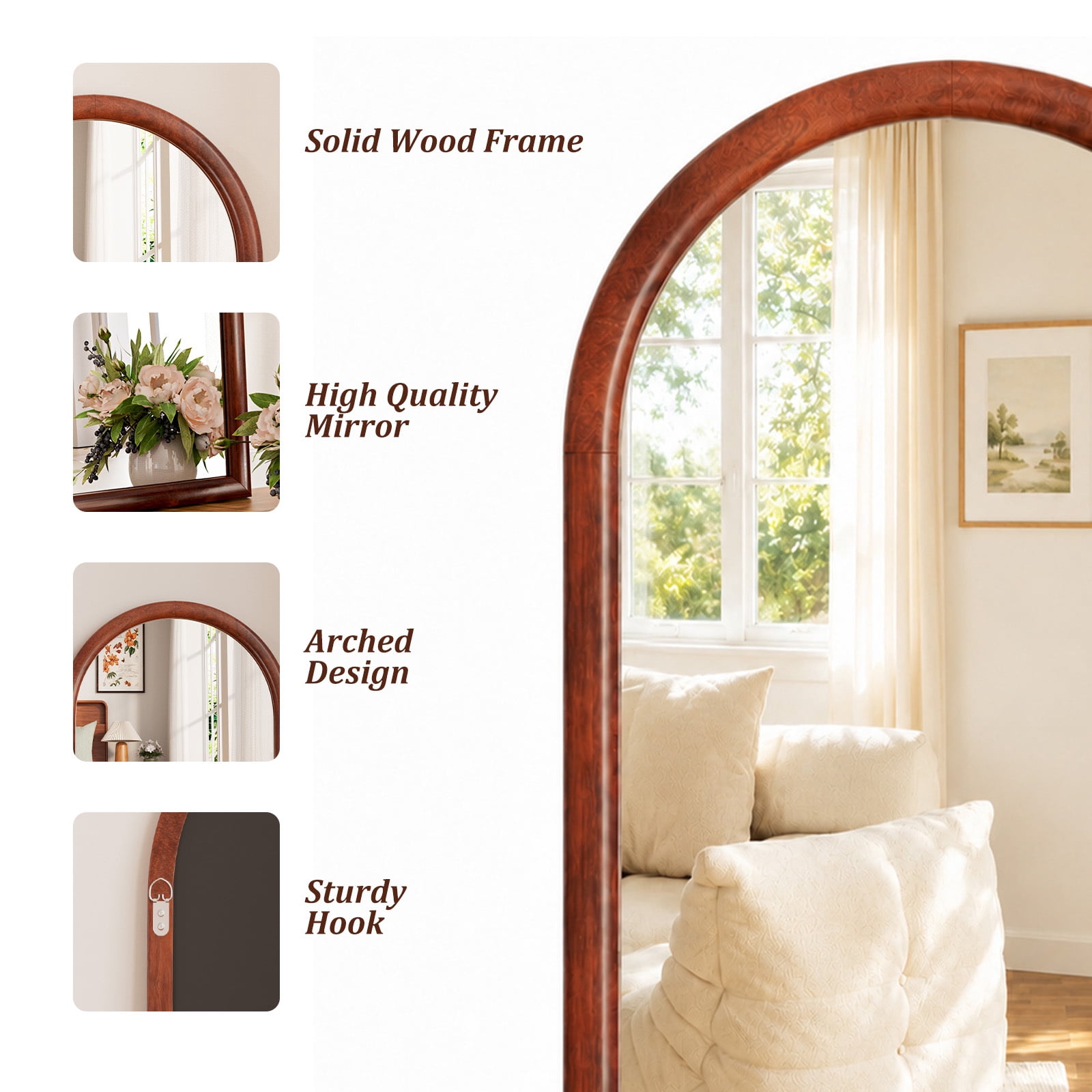 Easy4Home 36" x 24" Arched Bathroom Mirror Wall Decor with Wooden Frame, Walnut