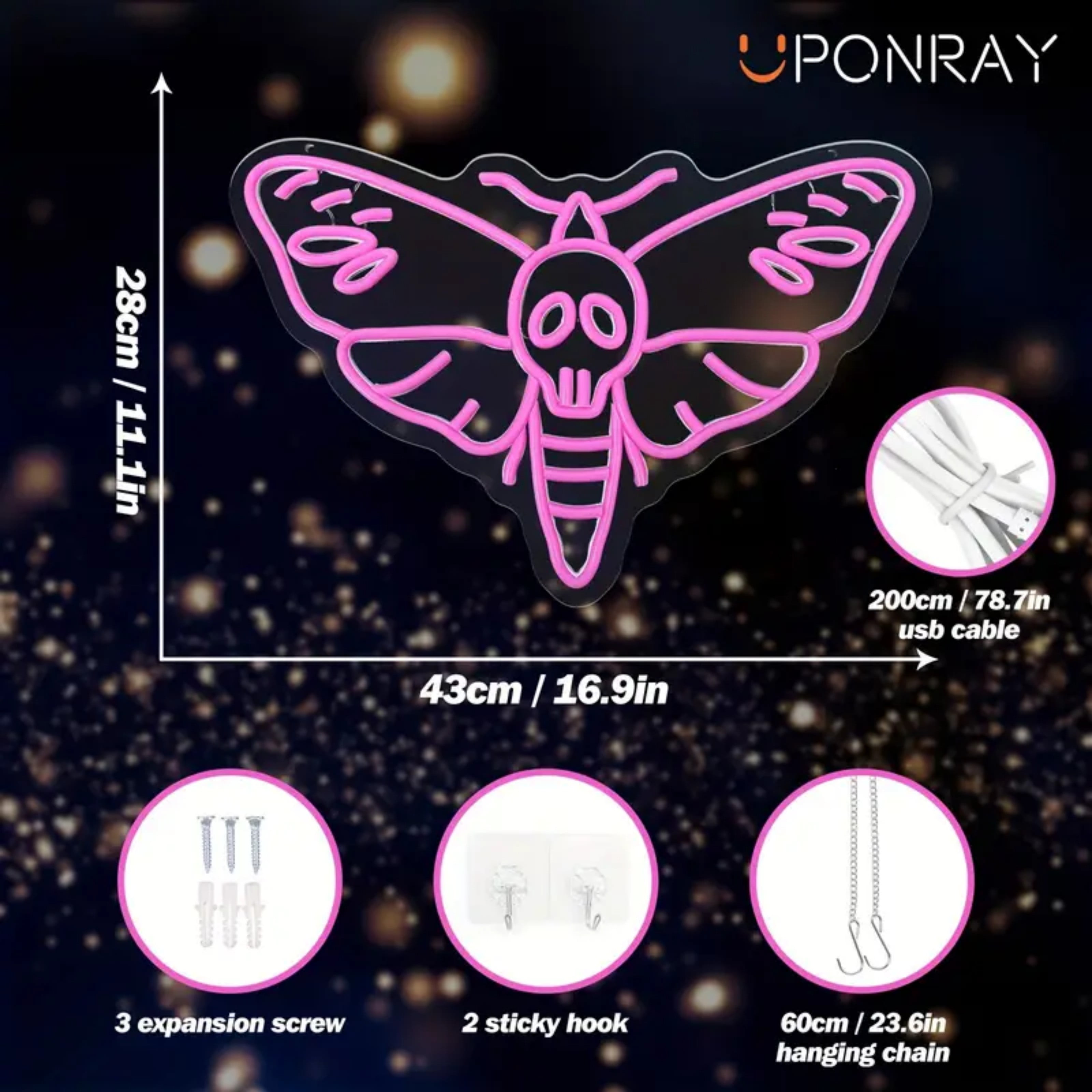 UPONRAY Death Moth Neon Signs, 16.9"*11.1" Dimmable & USB-Powered LED Neon Light, Stylish Wall Decor for Halloween Party, Home, Bar, Shop, Haunted House