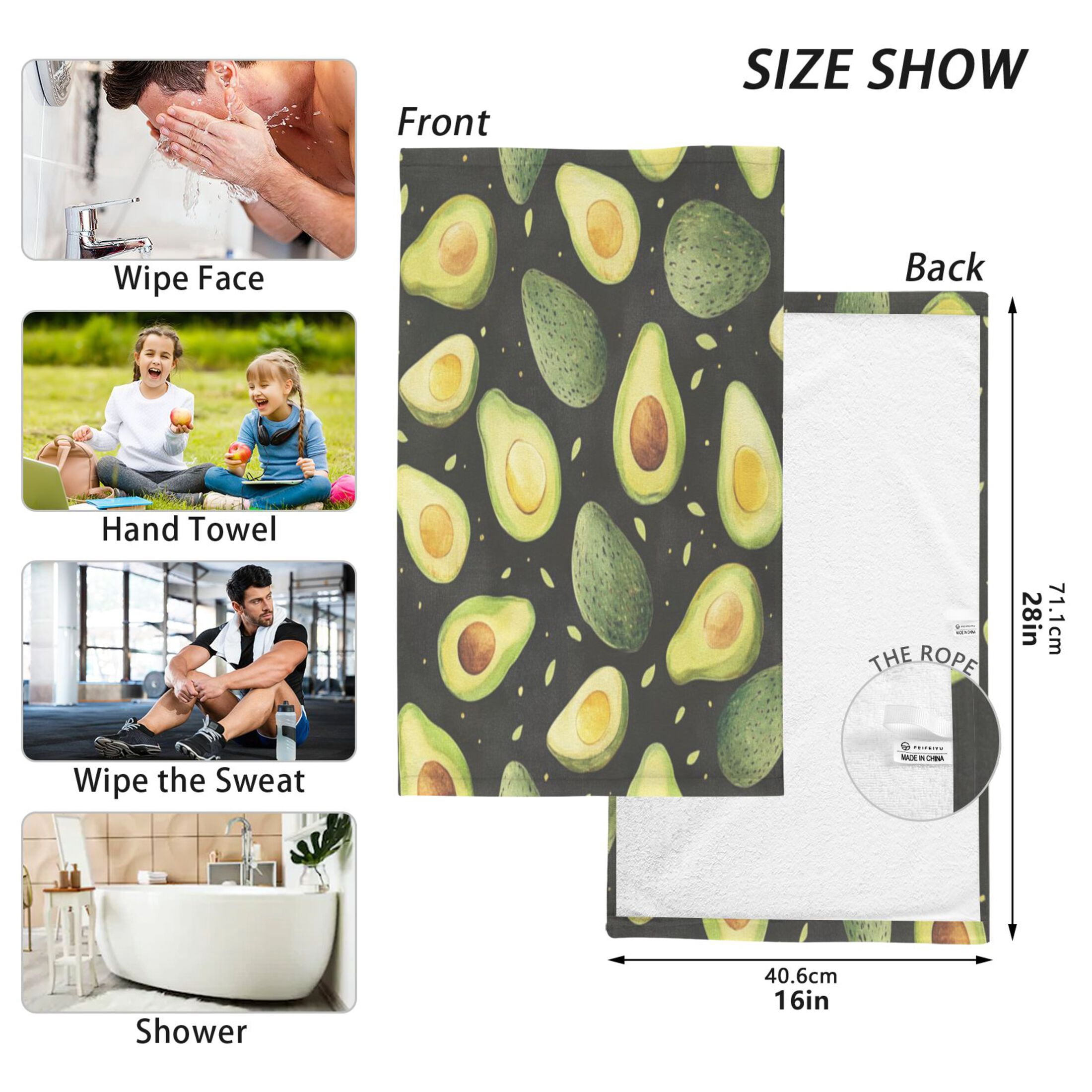 Cotton Towel Two-Piece 16x28 Inch One Sizex2 Face Towel Set Towel Set Cotton Hand Bath Towel Bathroom Beach Avocado on Black Background