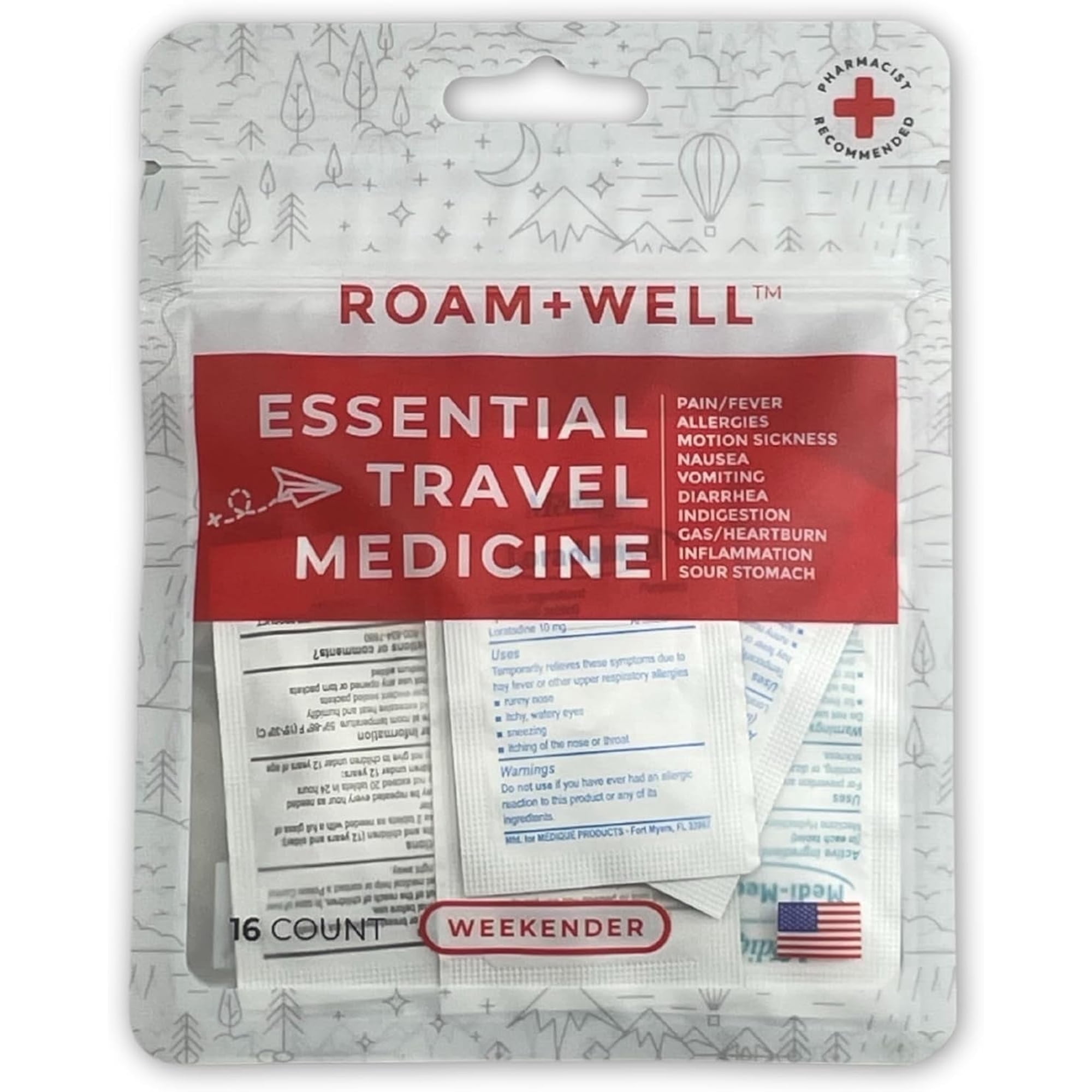 Roamwell Essential Travel Medicine Kit, OTC Travel Medication, TSA Approved (Weekender | 16 Tablets)