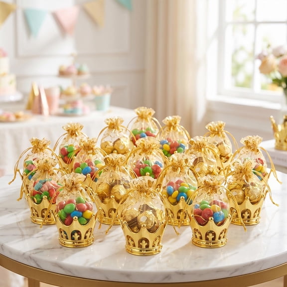 24 Pcs Gold Crown Candy bag Set, Plastic Crown Gift box with Organza Pouches, Party Favor bages for Princess Birthday Party Wedding Decorations