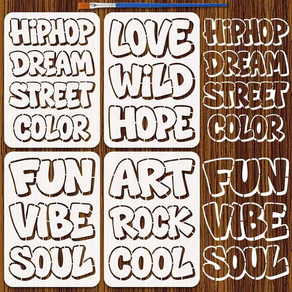 4PCS Letter Stencils 8.3x11.7Inch Word Stencils Reusable PET Templates 4 Style Graffiti Stencil with a Brush