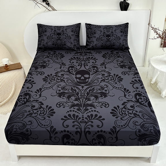 3PCS Dark Gothic Skull Damask Fitted Sheet Set, Vintage European Floral Print, Edgy Bedding for Bedroom, All-Season Use(Black,Twin)