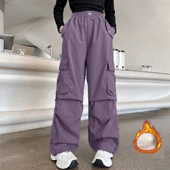 Girls Cargo Pants Fleece Elastic Waistband Relaxed Fit Hop Wide Leg with Multipule Pocket for Fall Winter Wear Fleece-Purple,5-6 Years