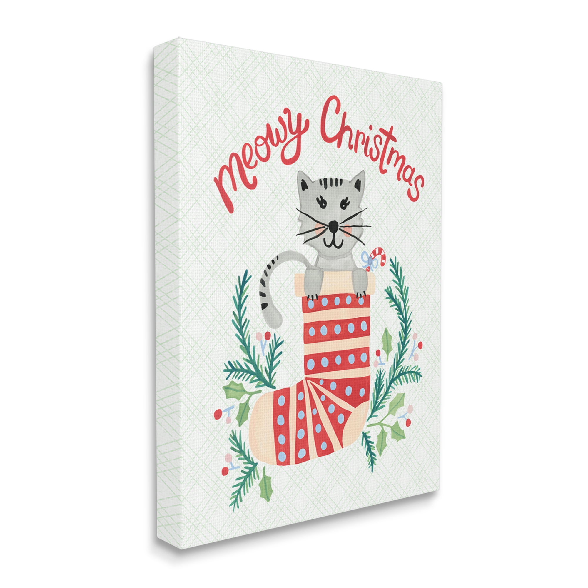 Meowy Christmas Clever Cat Nestled Patterned Stocking Animals & Insects Painting Gallery-Wrapped Canvas Print Wall Art