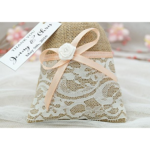 20 Wedding Favor Bags Rustic Small Burlap Bags Lace With Personalized Tags Party Favor Drawstring Pouches 4 x6.5 inches Walmart