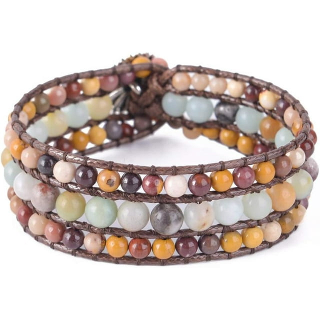 GHSDFBB Bracelet Statue de Poignet en Perles de Pierre Naturelle Fait Main 3 Rangées Grand Collection de Bijoux