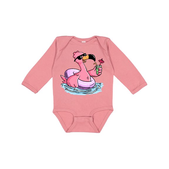 Inktastic Flamingo with Sunglasses Pool Float and Drink Boys or Girls Long Sleeve Baby Bodysuit