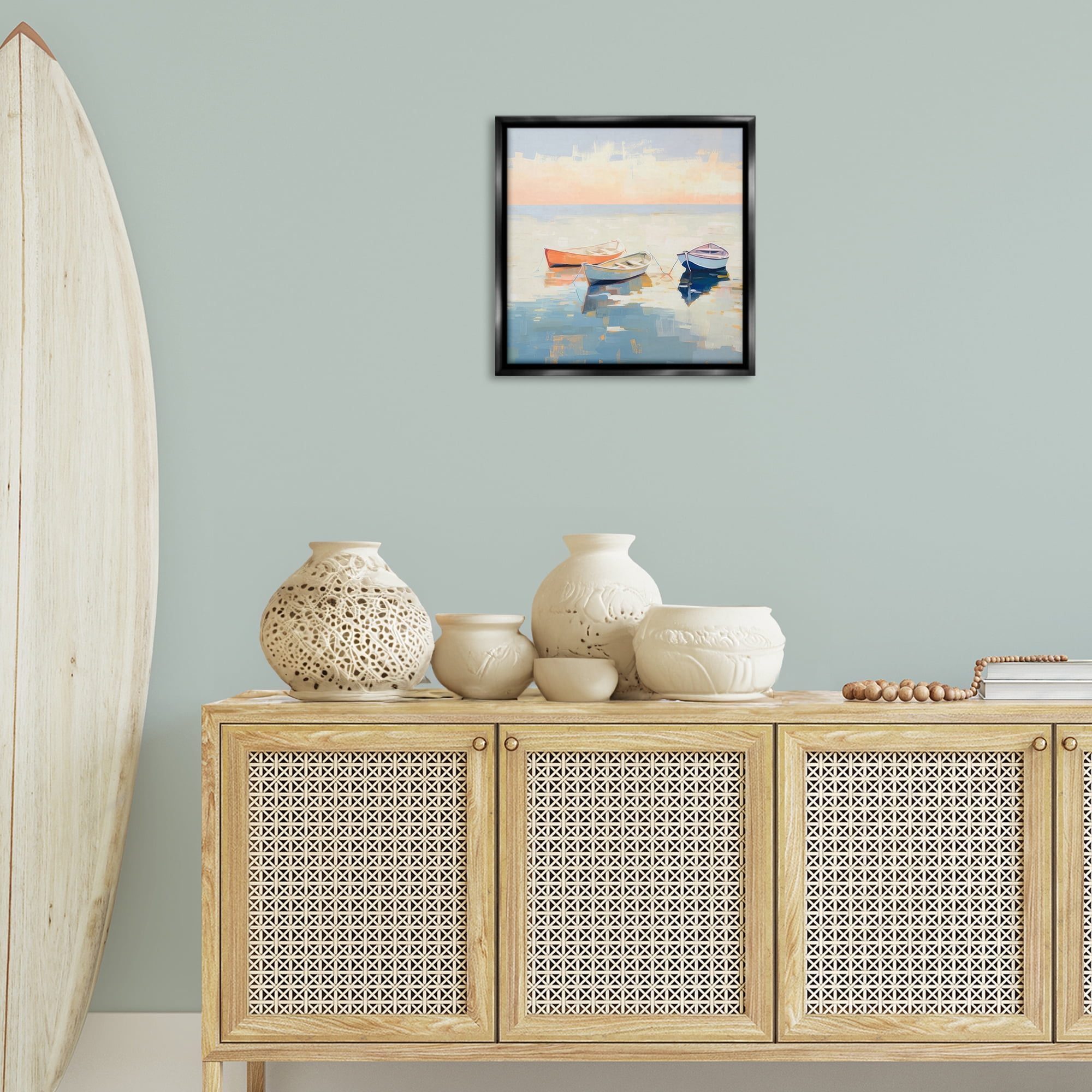 Stupell Industries Boats & Coastal Breeze Nautical & Beach Painting Black Floater Framed Canvas Art Print Wall Art, 18 x 18