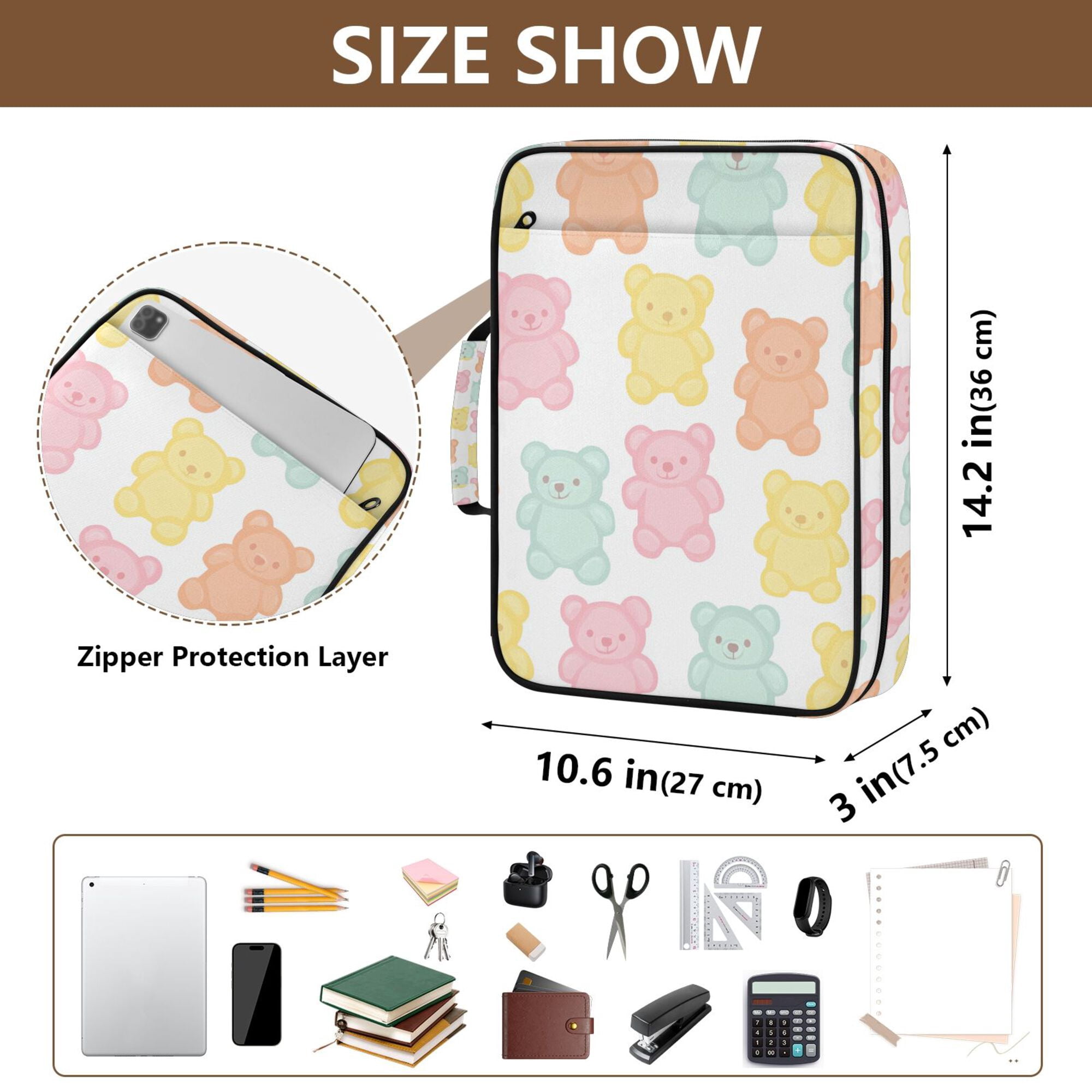 FORMRS Accordion File Folder A4 Size 7-Pocket Expanding Document Organizer Bag with 3 Ring Binder, Cute Gummy Bears Pattern