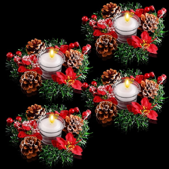 8 Pack 7 Inch Christmas Poinsettia Candle Ring, Pcs Poinsettia Candle Holders and Pcs Tealight Glass Wreath Table Centerpiece with Red Berries Snowy Pine Needles Votive for Xmas Home Party Decor C111