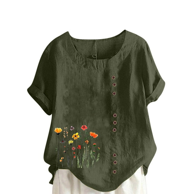 Staron Hauts d'Été pour Femmes en Liquidation à Moins de 5$ Chemises Amples en Coton et Lin Tendance Grande Taille Manches Courtes Retroussées Col Rond