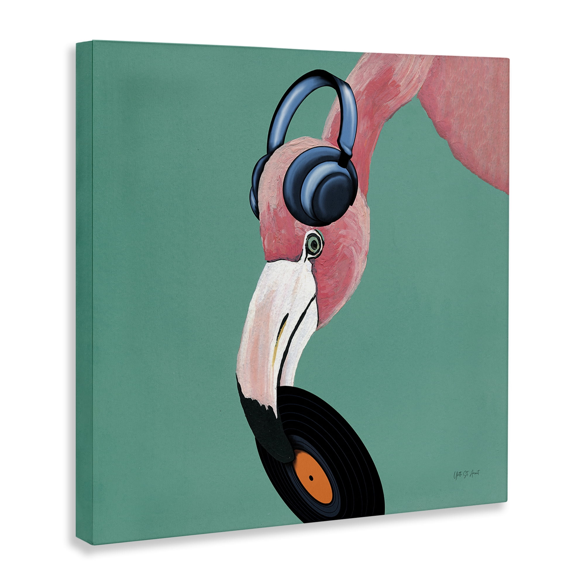 Stupell Industries Flamingo with Music Record Entertainment Painting Wrapped Canvas Art Print Wall Art, 24 x 24