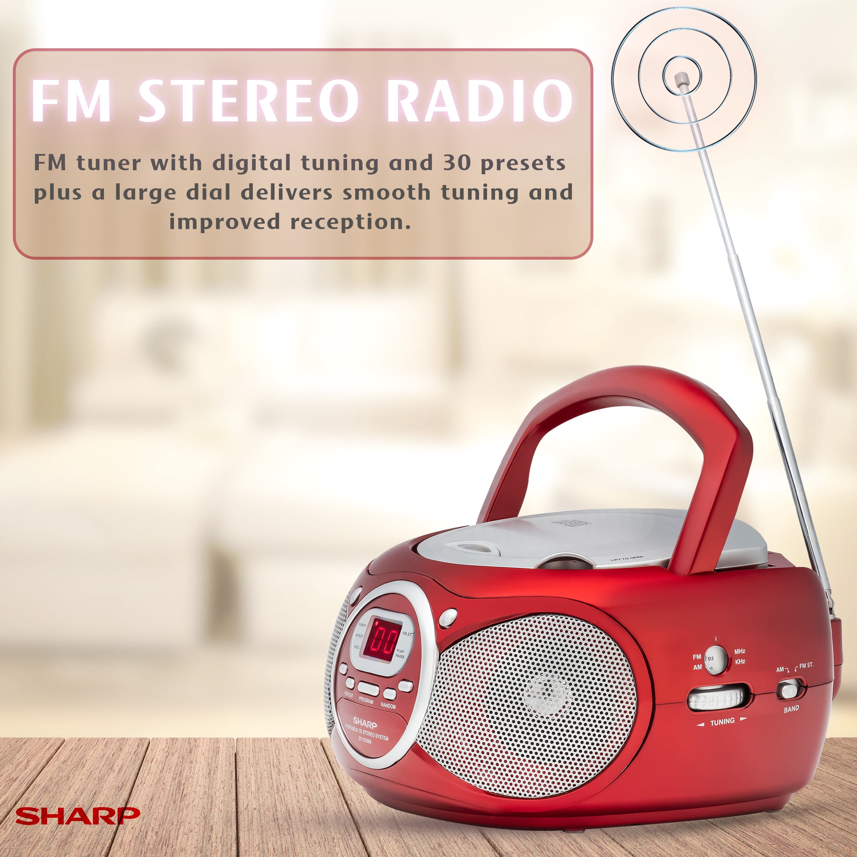 Sharp QT-CD280(RD) Portable CD Boombox with AM/FM Stereo Radio & Aux Input – Battery Powered, Red