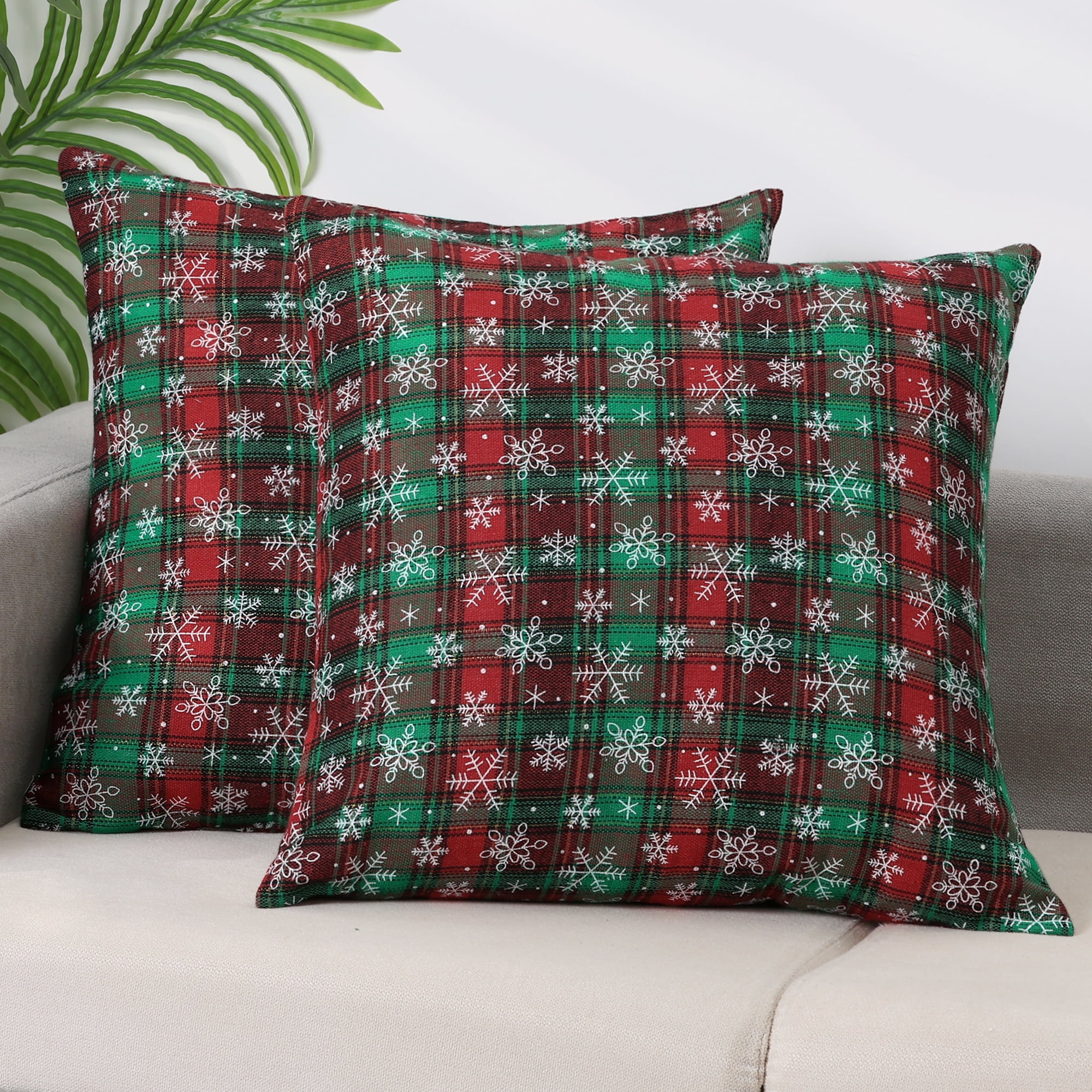 Unique Bargains Festive Plaid Snowflake Decorative Throw Pillow Covers Set of 2 for Home Green Snowflake 18" x 18"